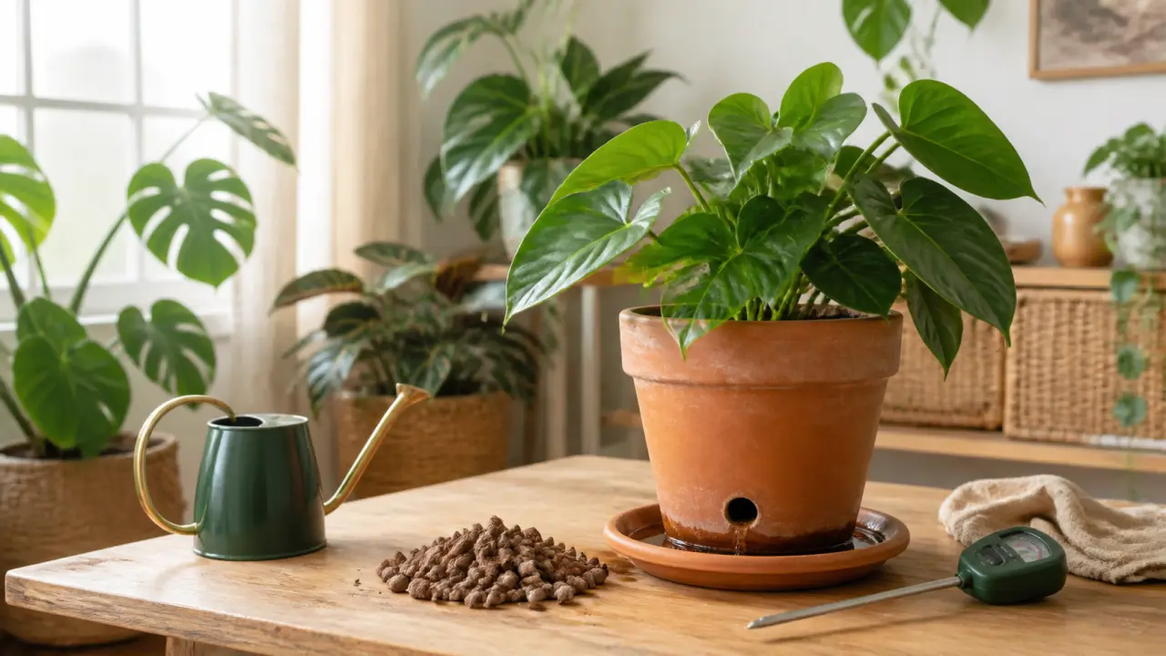 Plantes d’intérieur installées dans un salon chaleureux avec pots naturels et lumière douce