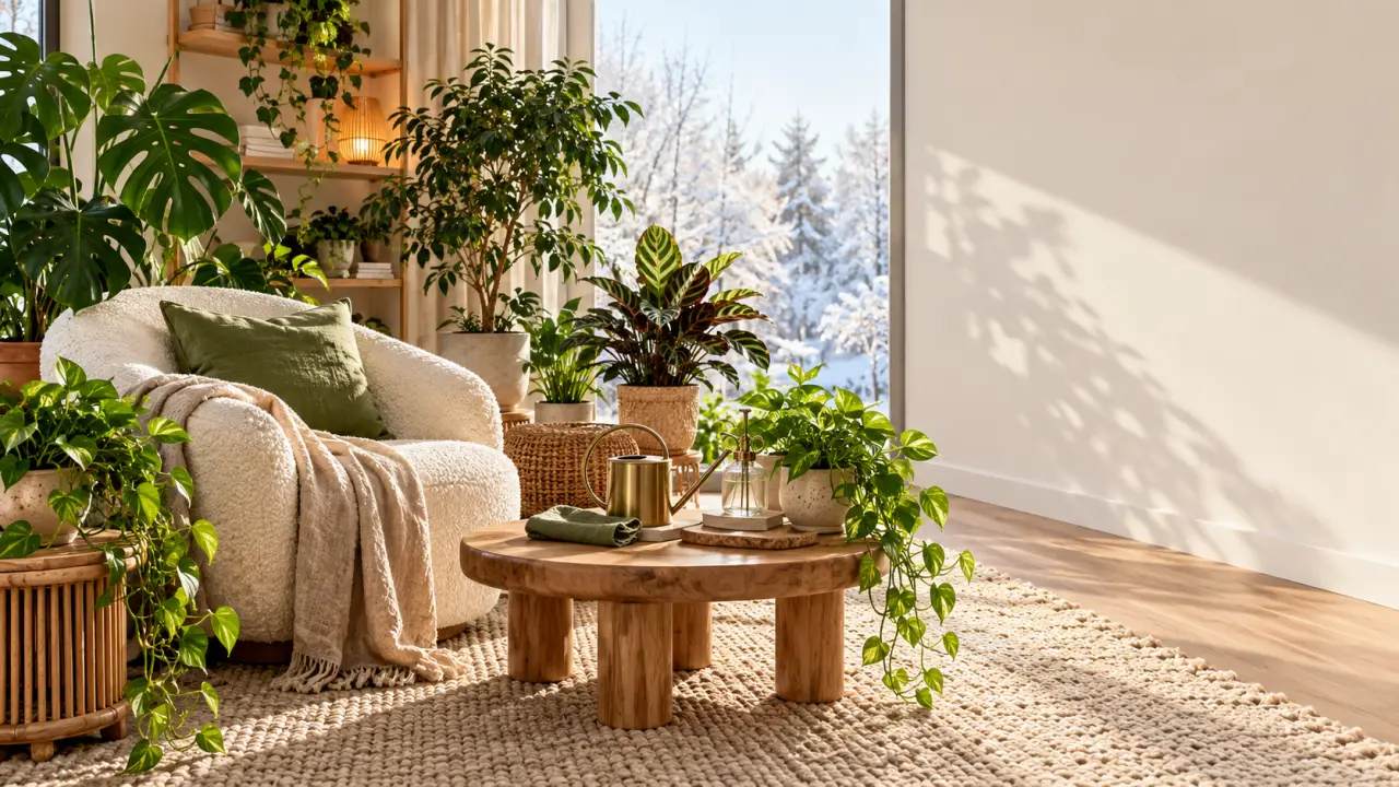 Coin cosy avec des plantes d’intérieur, du bois et des textiles naturels pour l’hiver