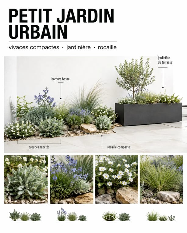 Aménagement de plantes vivaces de petite taille en bordure, pot et rocaille