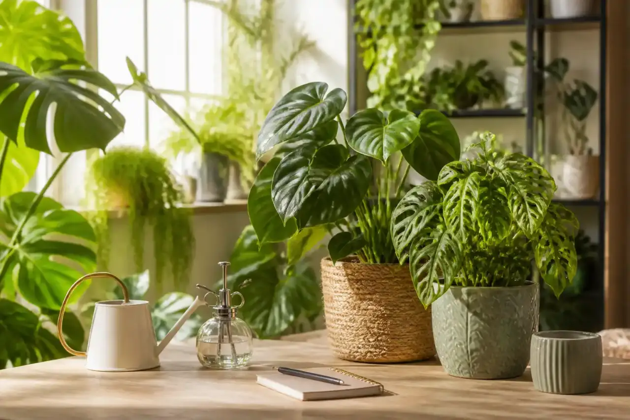 Salon lumineux avec plantes d'intérieur, matières naturelles et ambiance cocooning