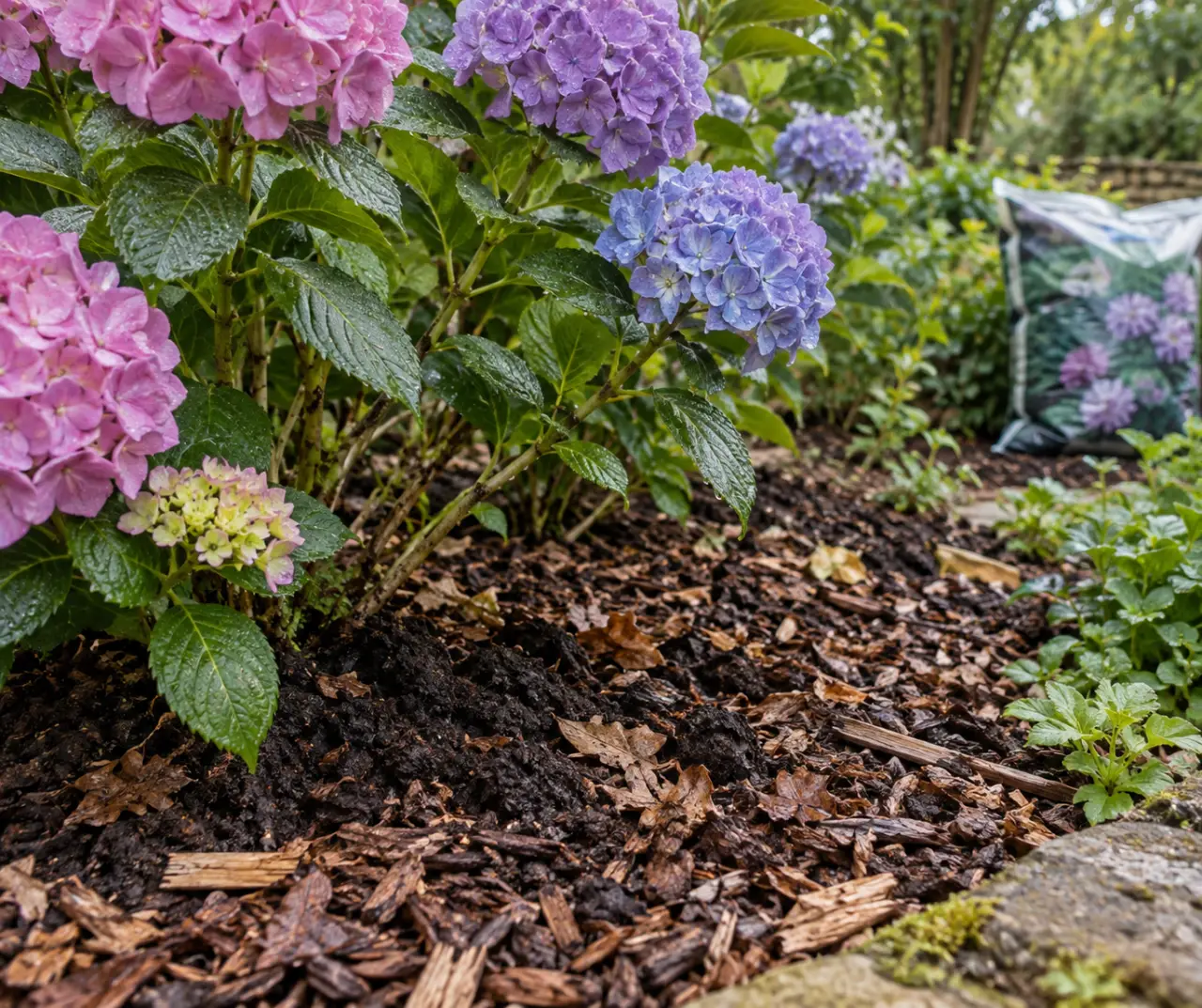 Au pied des hortensias, le compost et le paillis passent avant la terre de bruyère