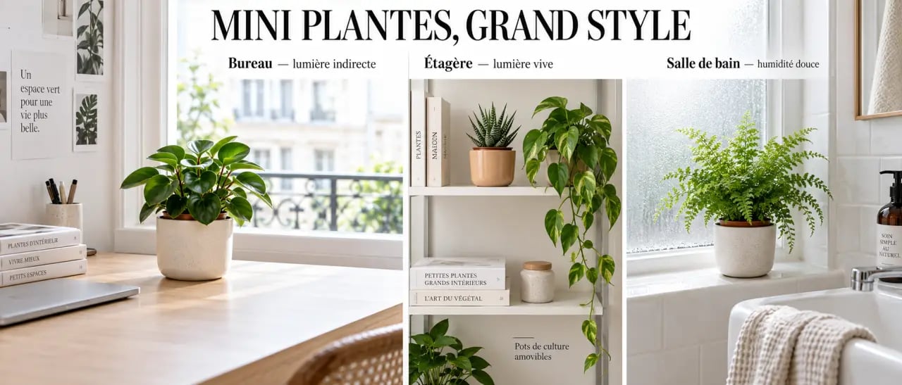 Mise en scène de mini plantes d’intérieur sur un bureau, une étagère et dans une salle de bain lumineuse