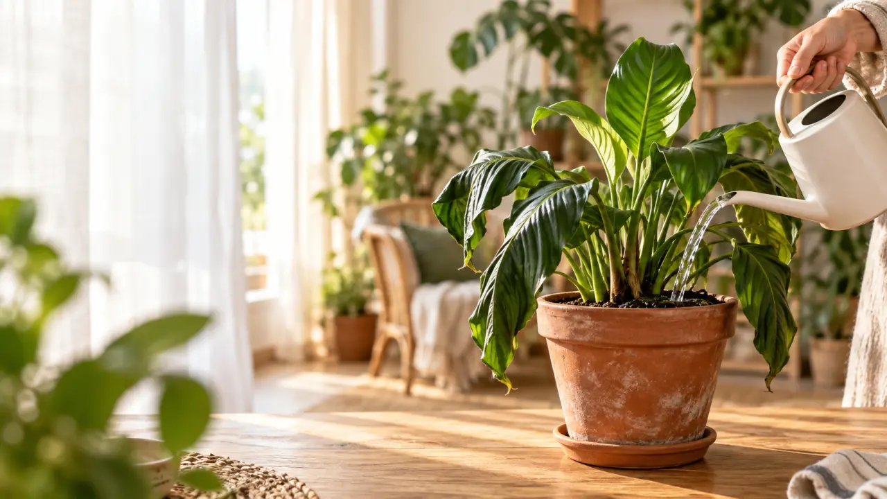 Plante d’intérieur aux feuilles flétries en cours de récupération après un manque d’eau