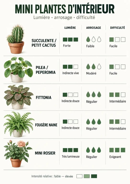 Infographie comparative de mini plantes d’intérieur selon la lumière, l’arrosage et la difficulté