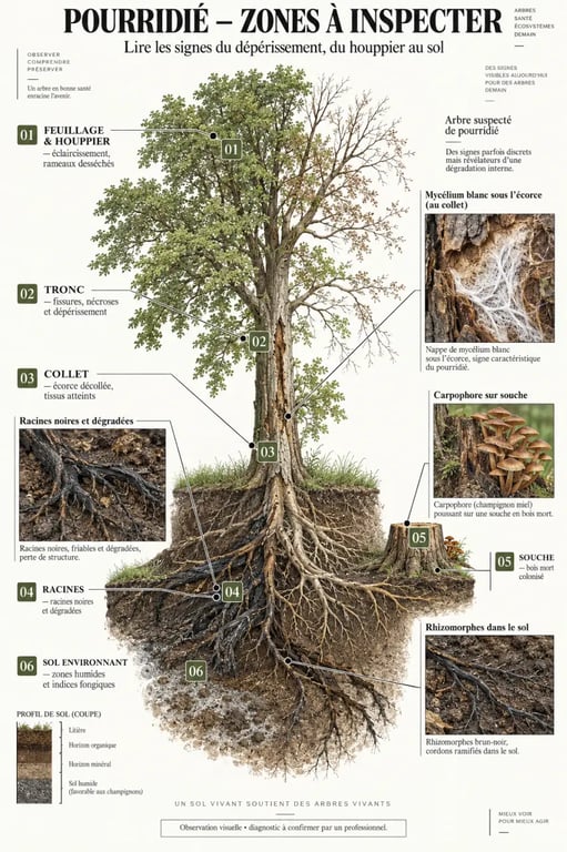 Zones à observer pour diagnostiquer provisoirement un arbre malade champignon