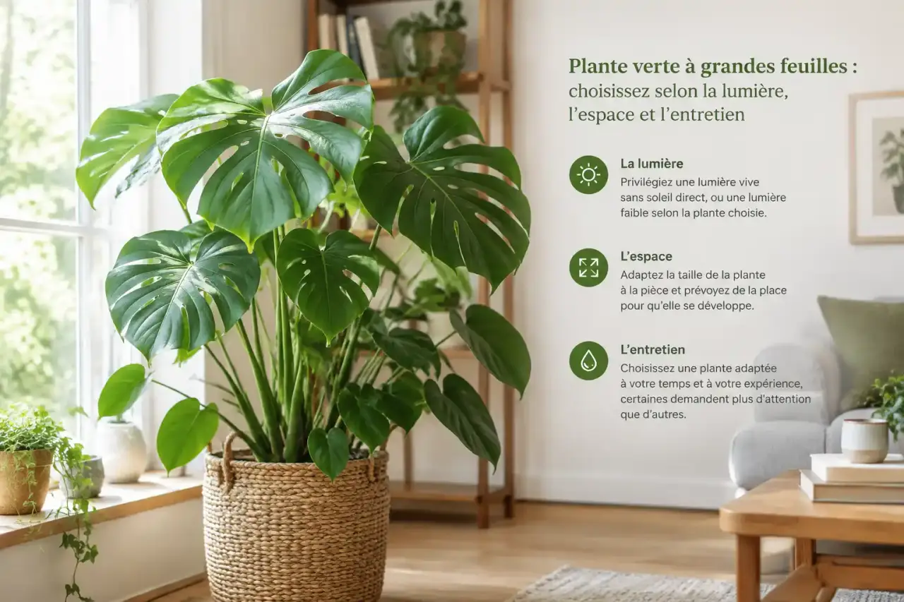Plante verte à grandes feuilles : choisissez selon la lumière, l’espace et l’entretien