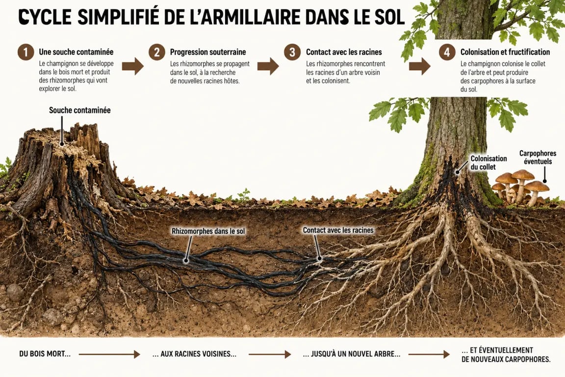 Schéma du cycle du champignon responsable d’un arbre malade champignon, de la souche aux racines voisines