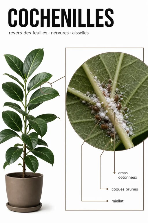 Cochenilles plantes vertes sur le revers des feuilles d’une plante d’intérieur