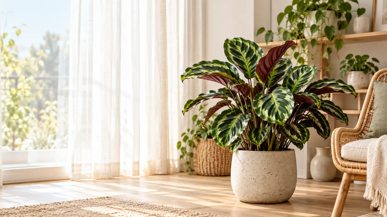 Calathea aux grandes feuilles vertes installé dans un intérieur chaleureux