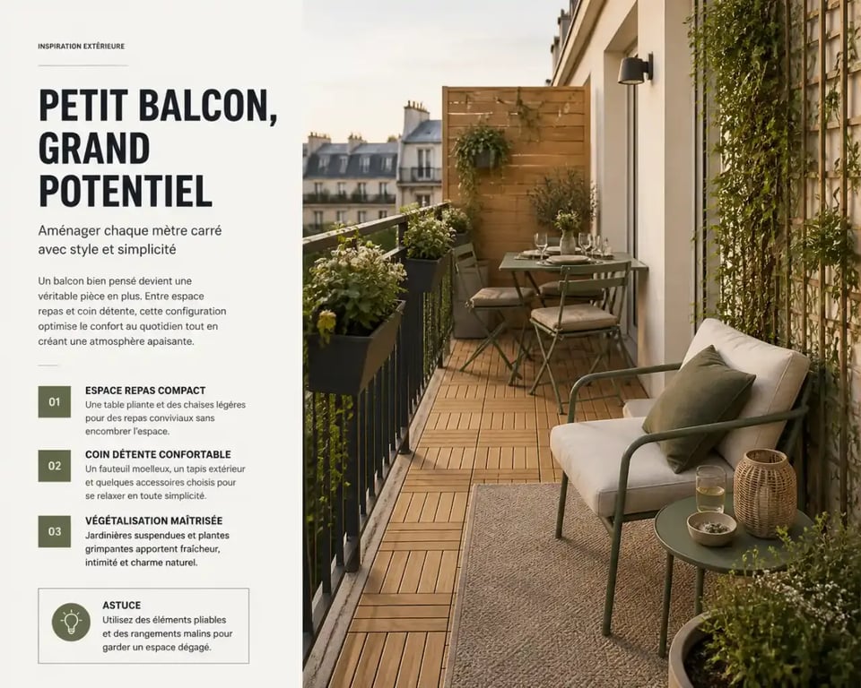 décoration balcon extérieur avec zones repas et détente séparées par un tapis et des jardinières