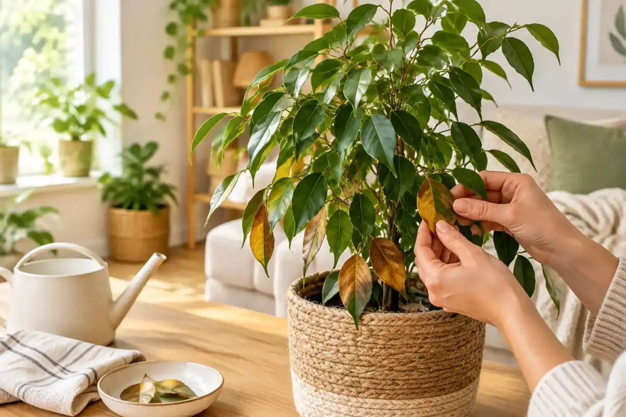 Ficus d'intérieur aux feuilles vertes et brunes dans un salon chaleureux
