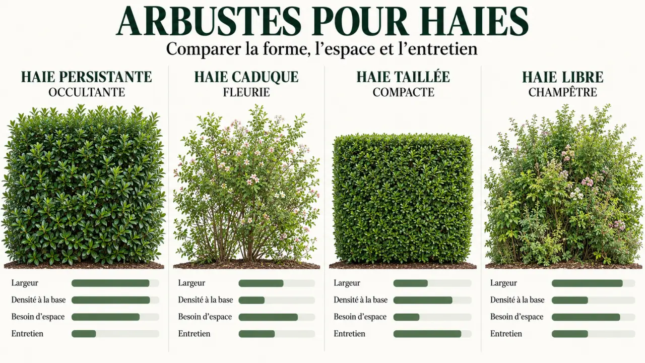 Arbustes pour haies : comparaison visuelle entre haie persistante, haie fleurie, haie taillée et haie libre