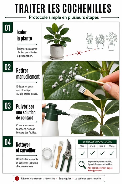 Traitement des cochenilles plantes vertes avec nettoyage, pulvérisation et quarantaine
