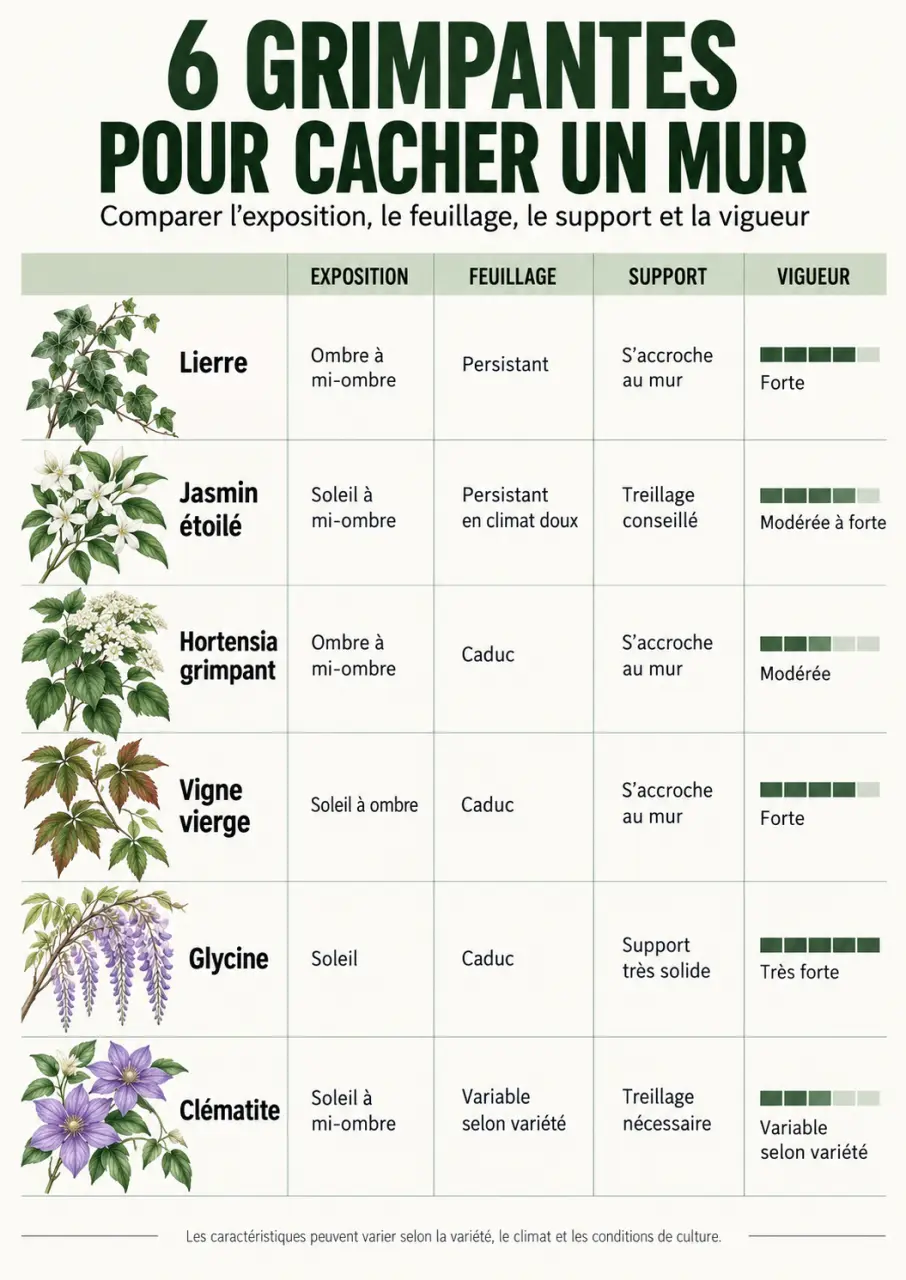 Infographie des plantes pour cacher un mur selon l’exposition, le feuillage et le support