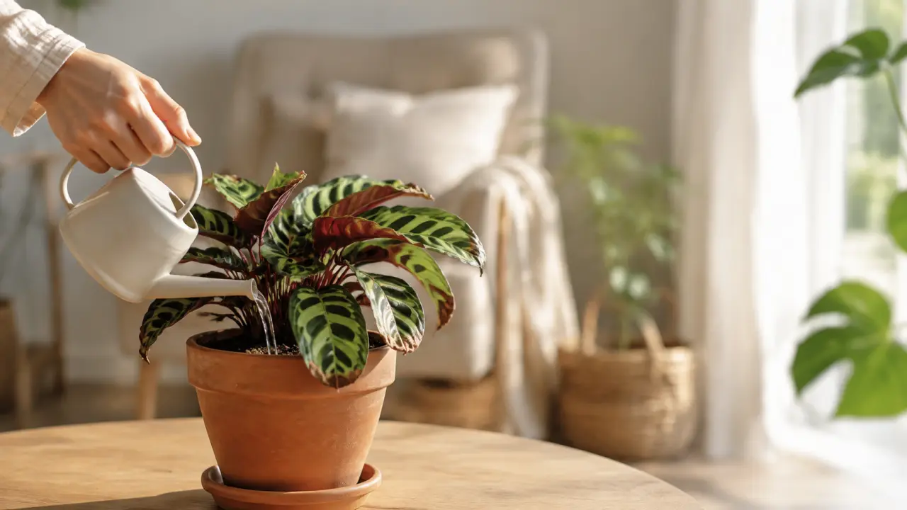Calathea aux feuilles légèrement recroquevillées en cours de réhydratation