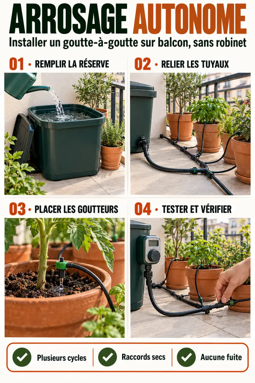 Étapes d'installation d'un arrosage automatique balcon sans robinet avec réserve et goutteurs