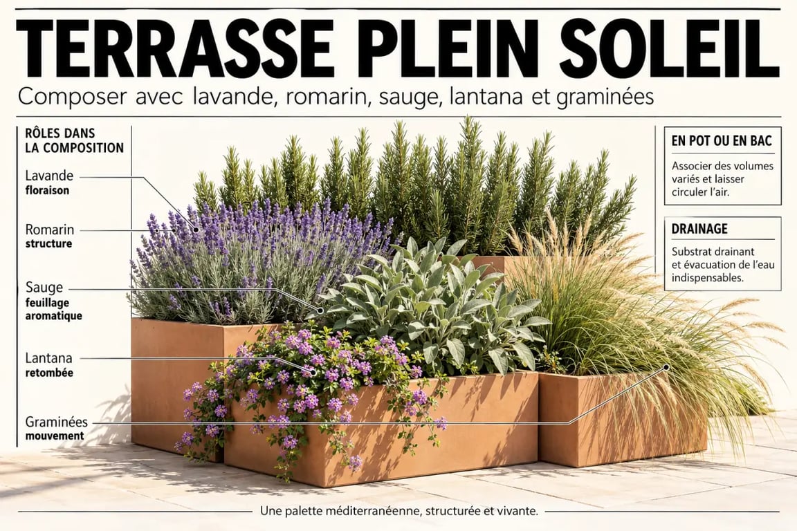 Plante terrasse ensoleillée : lavande, romarin, sauge, lantana et graminées en pots
