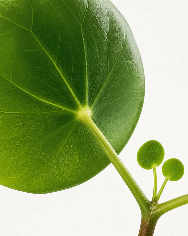 plantes vertes feuilles rondes : détail du pétiole central du Pilea peperomioides