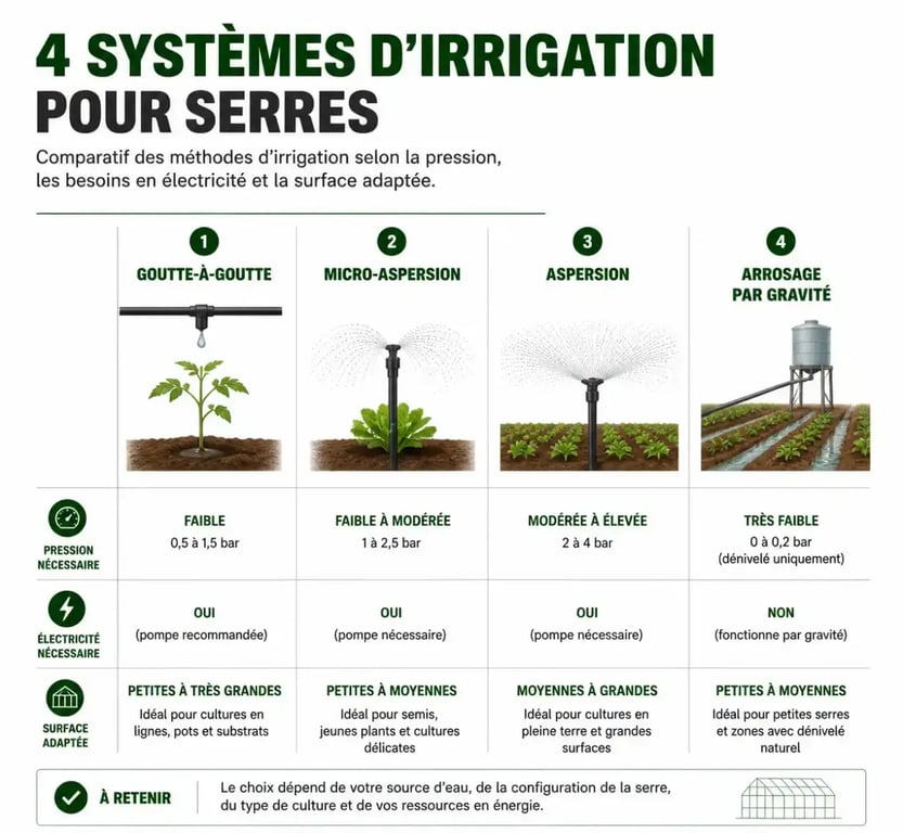 Comparatif des systèmes d'arrosage automatique serre : goutte-à-goutte, micro-aspersion, aspersion et gravité