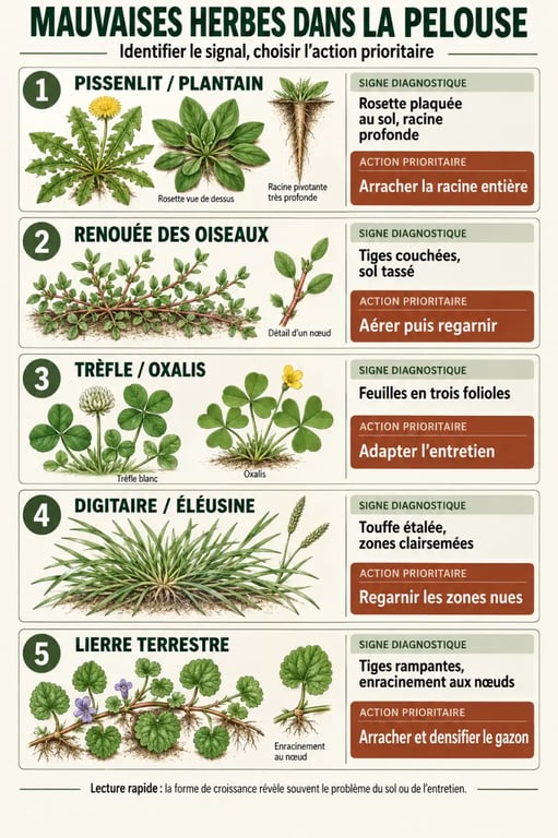 Infographie des mauvaises herbes dans une pelouse, leur apparence et les méthodes pour les éliminer