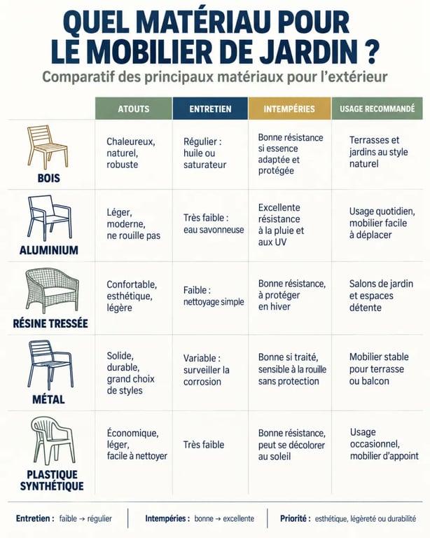 Infographie comparative des matériaux pour meubles de jardin extérieur