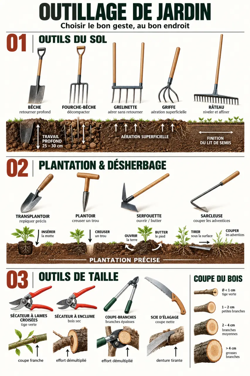 Infographie comparative de l’outillage de jardin selon les travaux du sol, la plantation, le désherbage et la taille