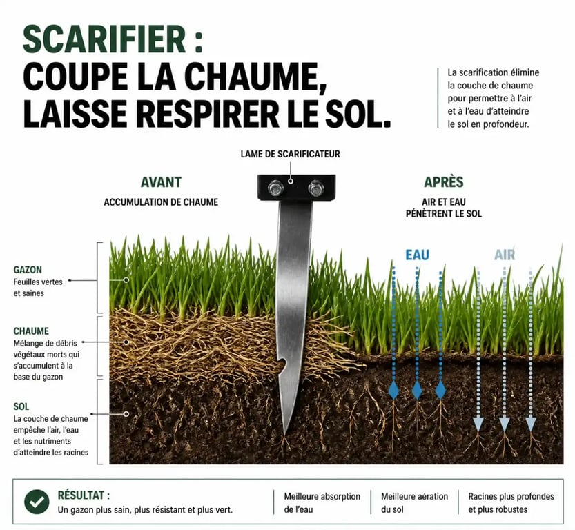 Schéma explicatif de la scarification d'une pelouse pour éliminer le feutre végétal