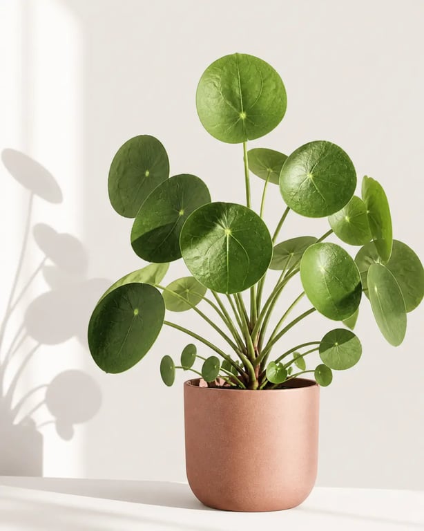 plantes vertes feuilles rondes : Pilea peperomioides en pot avec feuilles rondes et rejets