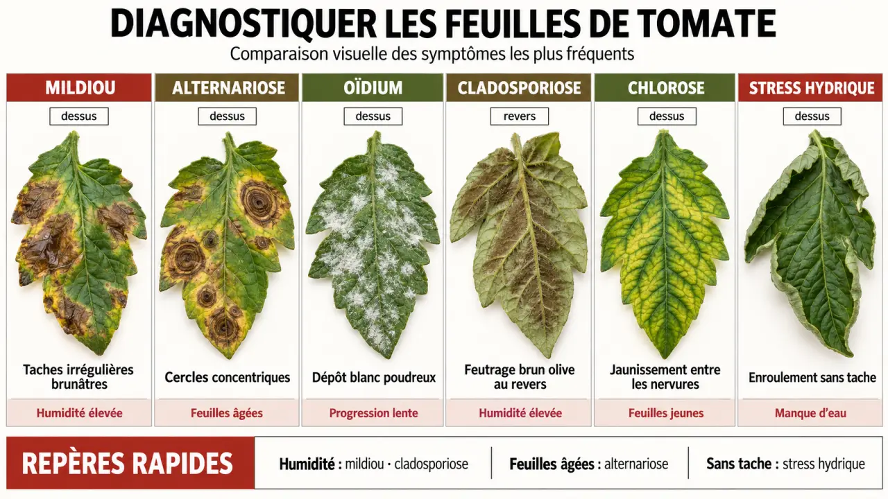 Infographie pour reconnaître une maladie tomate feuille : mildiou, alternariose, oïdium, chlorose et stress hydrique