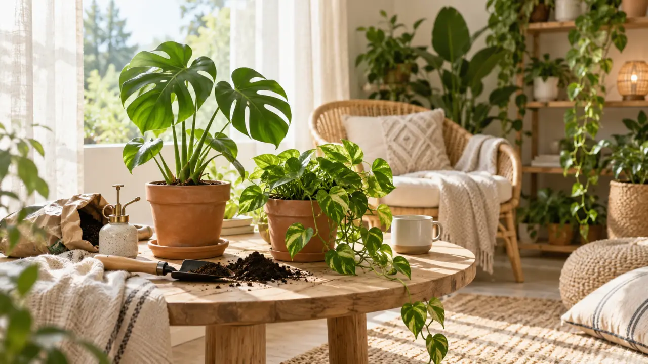 Collection de plantes d’intérieur dans un salon chaleureux et lumineux