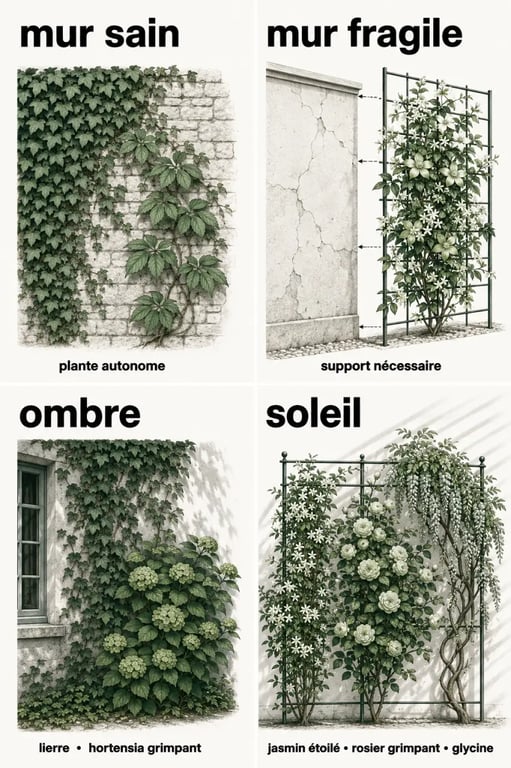 Infographie comparative des plantes pour couvrir un mur selon l’état de la façade et l’exposition
