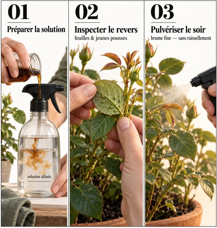 Maladie des rosiers remède de grand mère savon noir : préparer et pulvériser la solution sur les feuilles