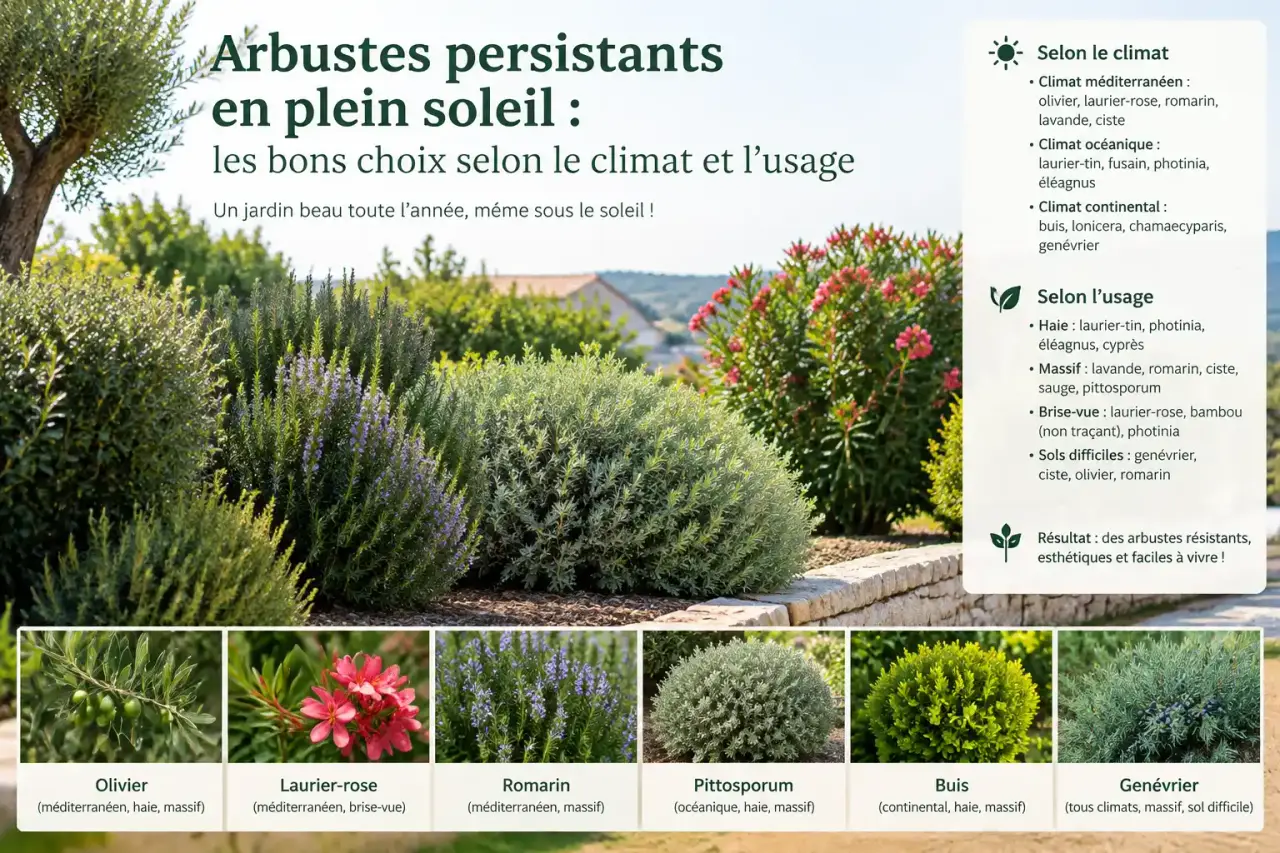 Arbustes persistants en plein soleil : les bons choix selon le climat et l’usage