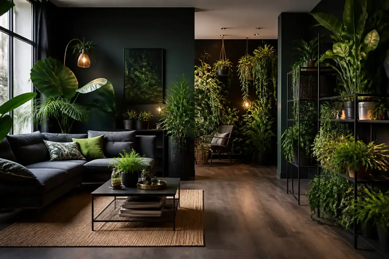 Salon sombre transformé en jungle douce avec plantes, lin, bois et lumière chaleureuse