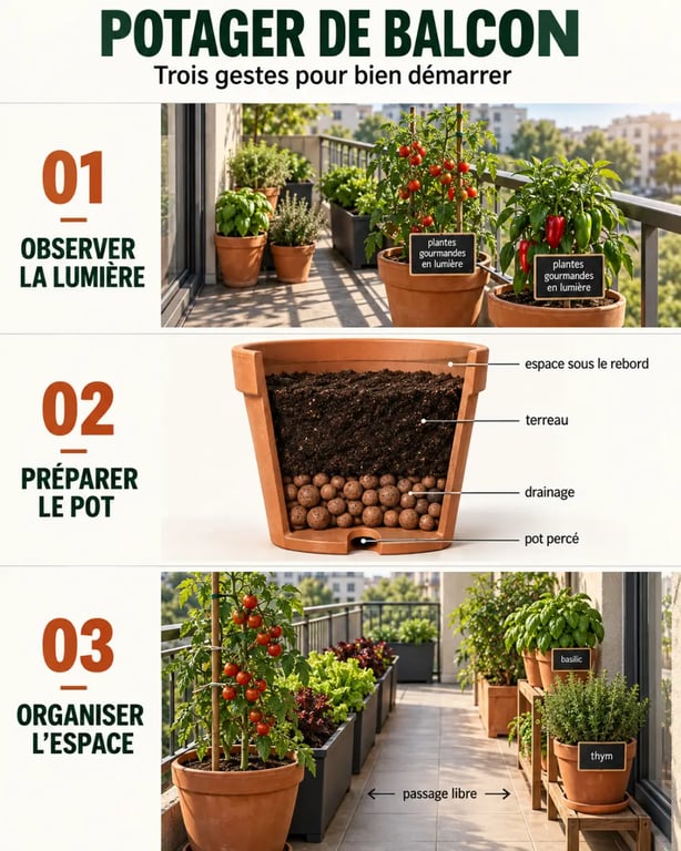 Installation étape par étape d’un potager balcon avec pots, drainage, tomates cerises, salades et aromatiques