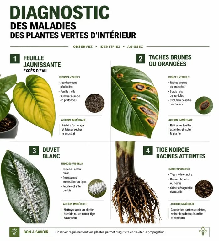 Infographie de diagnostic des maladies des plantes vertes selon les symptômes visibles
