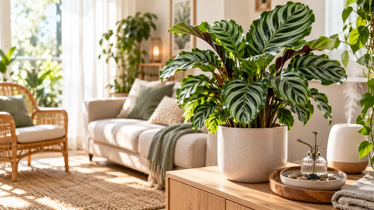 Calathea aux feuilles graphiques dans un salon chaleureux aux matières naturelles