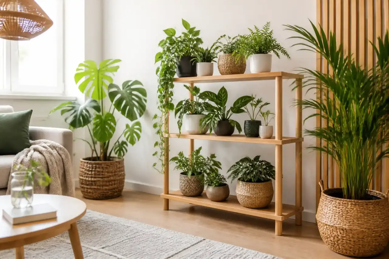 Salon lumineux avec coin plantes, matières naturelles et ambiance chaleureuse