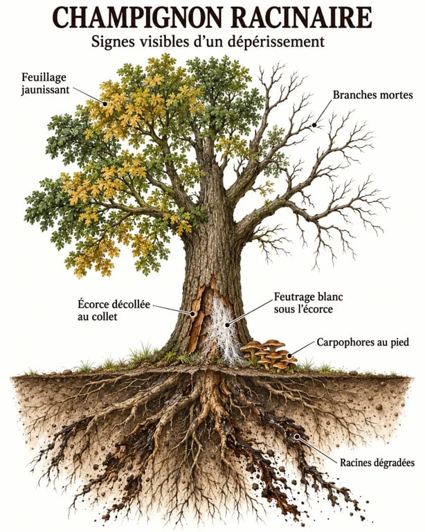 Infographie montrant les symptômes d’un arbre malade champignon au niveau du feuillage, du collet et des racines
