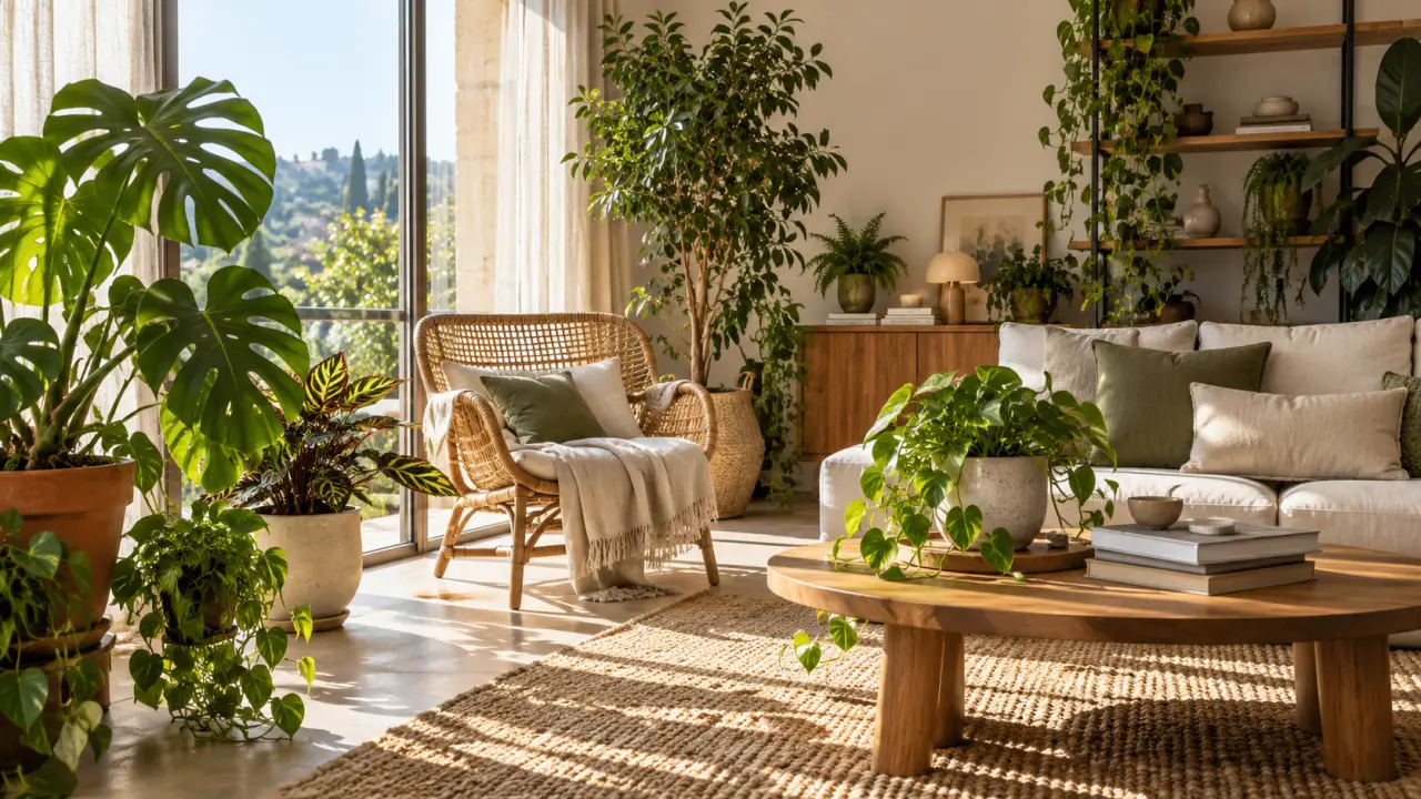 Plantes d'intérieur baignées par une douce lumière naturelle dans un salon chaleureux