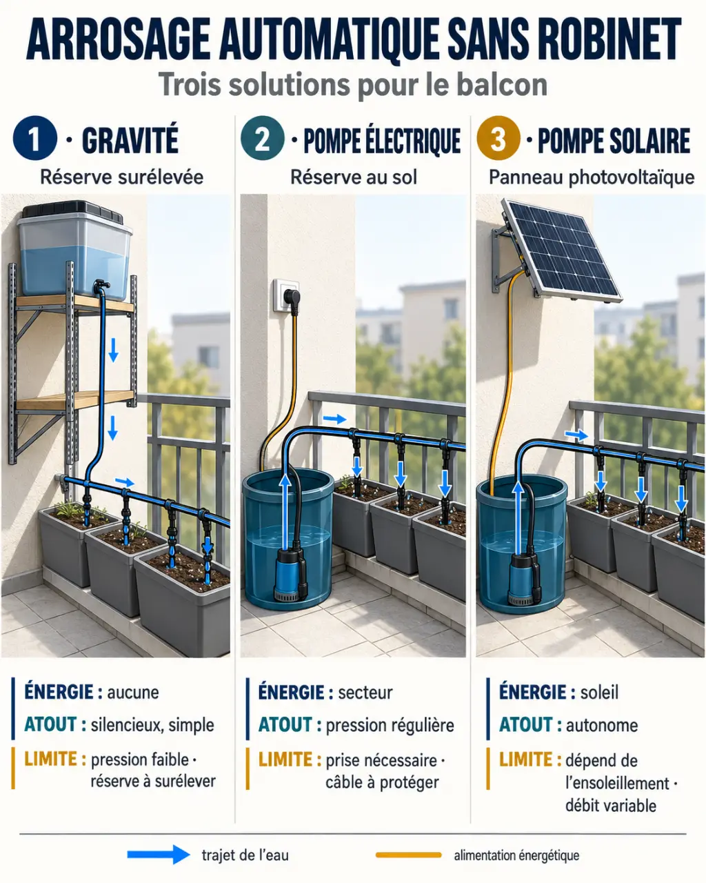Infographie comparative sur l'arrosage automatique balcon sans robinet par gravité, pompe ou énergie solaire