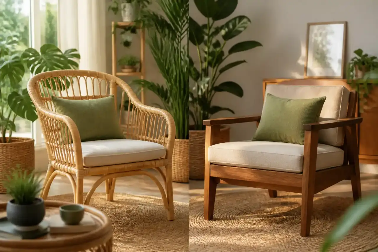 Salon cocooning combinant des plantes d'intérieur et du mobilier en matières naturelles comme le rotin et le bois massif