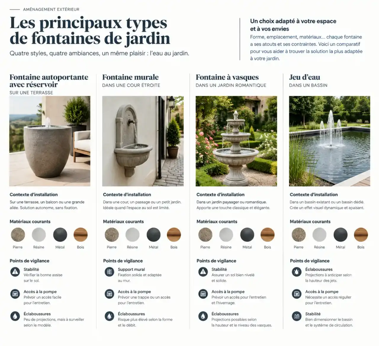 Infographie comparative des types de fontaine décoration jardin selon l’emplacement, le matériau et l’usage