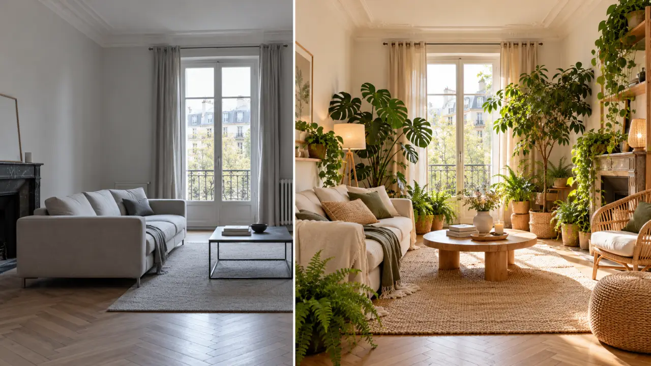 Salon chaleureux transformé par des plantes d’intérieur, du bois et des matières naturelles