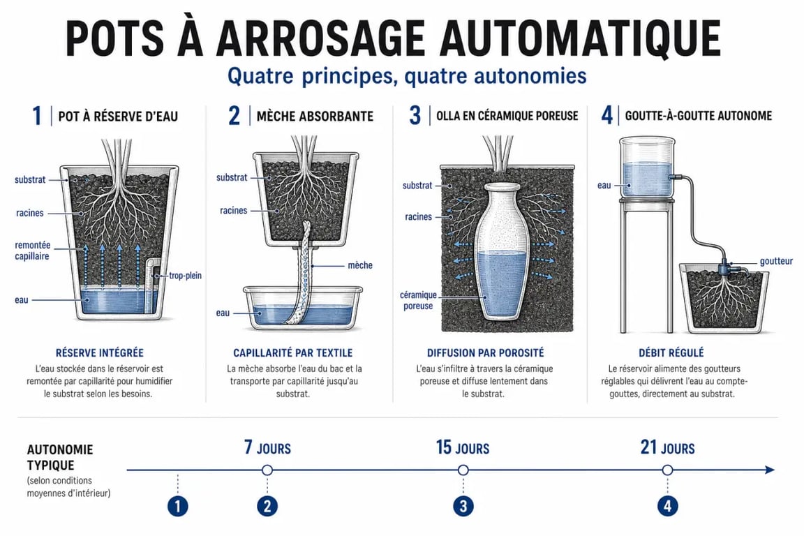 Pot arrosage automatique : infographie comparative des systèmes à réserve d’eau, mèche, olla et goutte-à-goutte