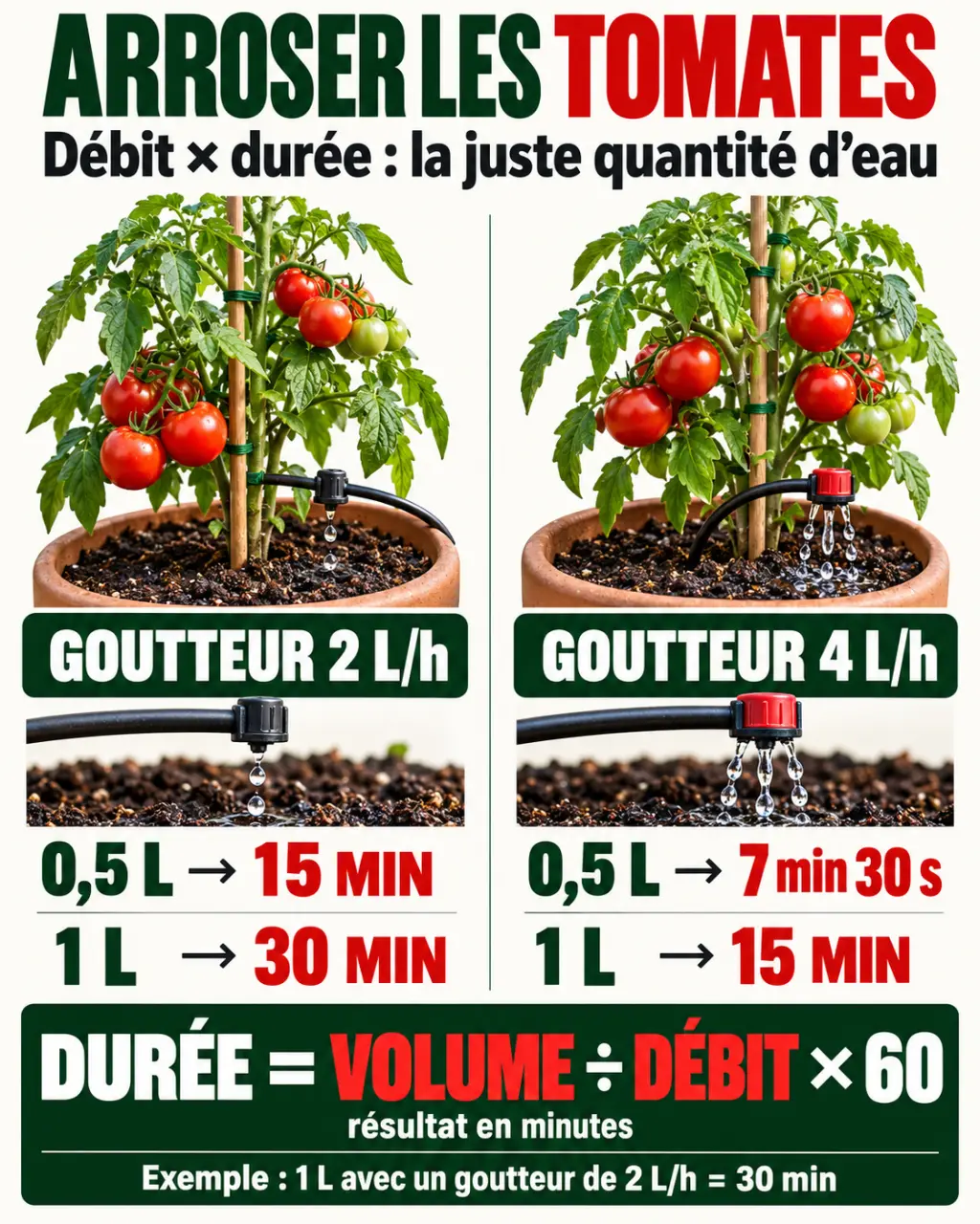 Infographie sur l’arrosage automatique des tomates avec goutteurs de 2 et 4 L/h