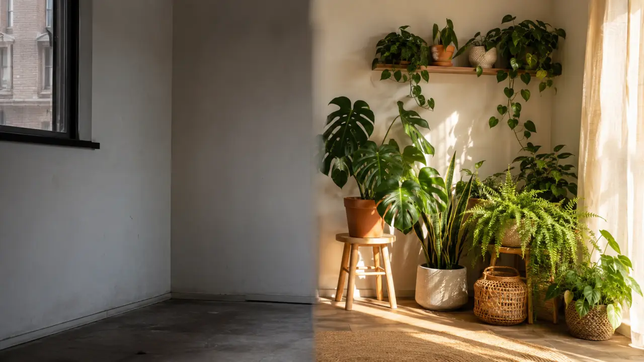 Recoin sombre transformé en coin végétal chaleureux avec des plantes d'intérieur