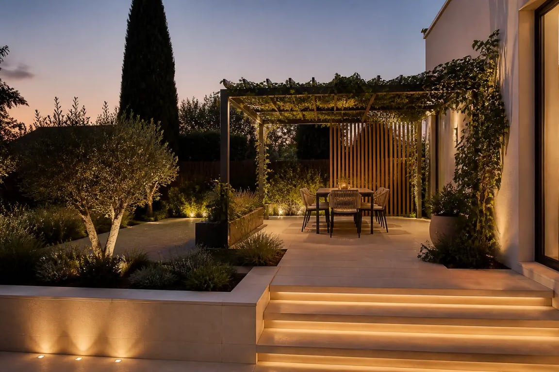 Photos aménagement jardin extérieur : éclairage doux, pergola végétalisée et intimité partielle dans un jardin au crépuscule