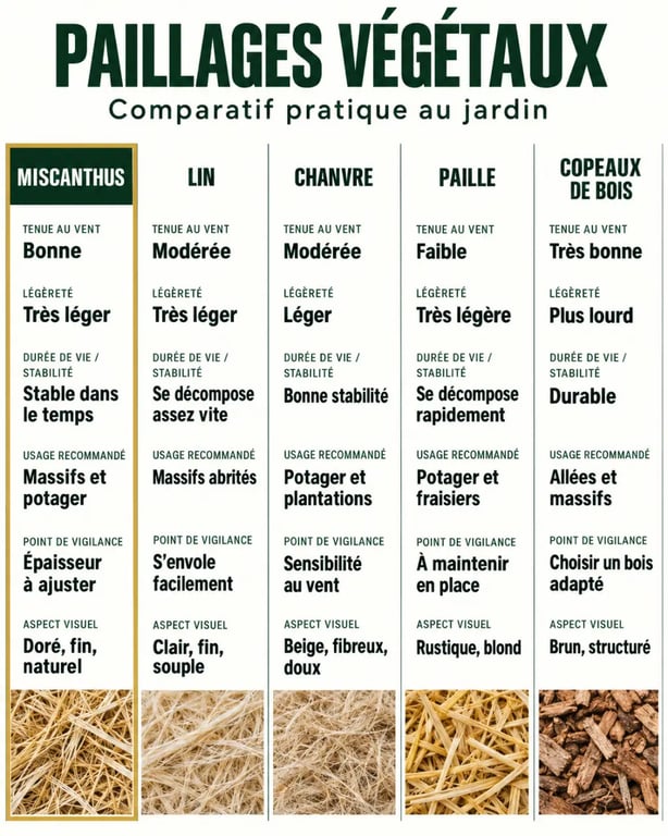Comparatif du paillage de miscanthus avec le lin, le chanvre, la paille et les copeaux