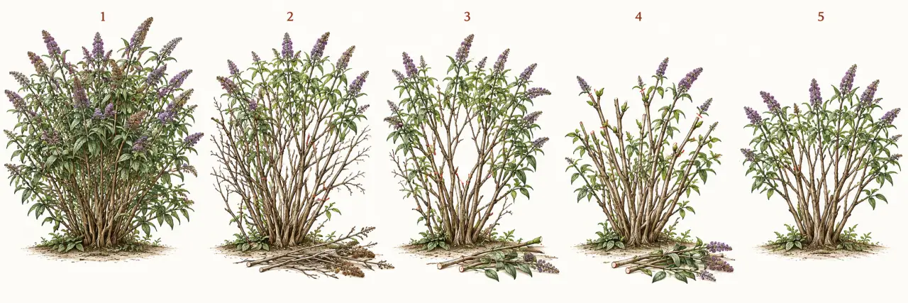 Illustration des étapes pour tailler un arbre à papillons et aérer sa ramure